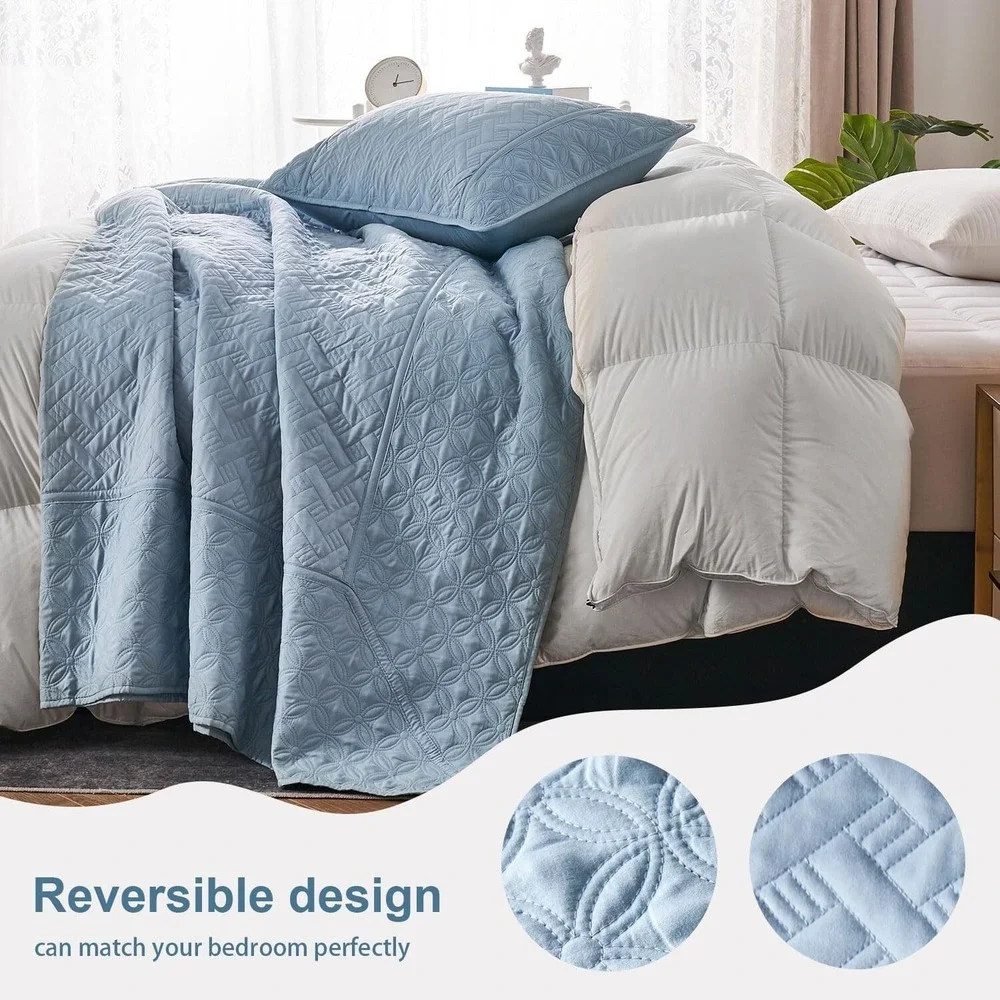 Quilt Set, 3 Piece Soft Basket Weave Sage Green Bedspread King Light Blue